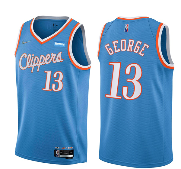Men's Los Angeles Clippers #13 Paul George 2021/22 City Edition Light Blue 75th Anniversary Stitched Basketball Jersey Men's Los Angeles Clippers #13 Paul George 2021/22 City Edition Light Blue 75th Anniversary Stitched Basketball Jersey